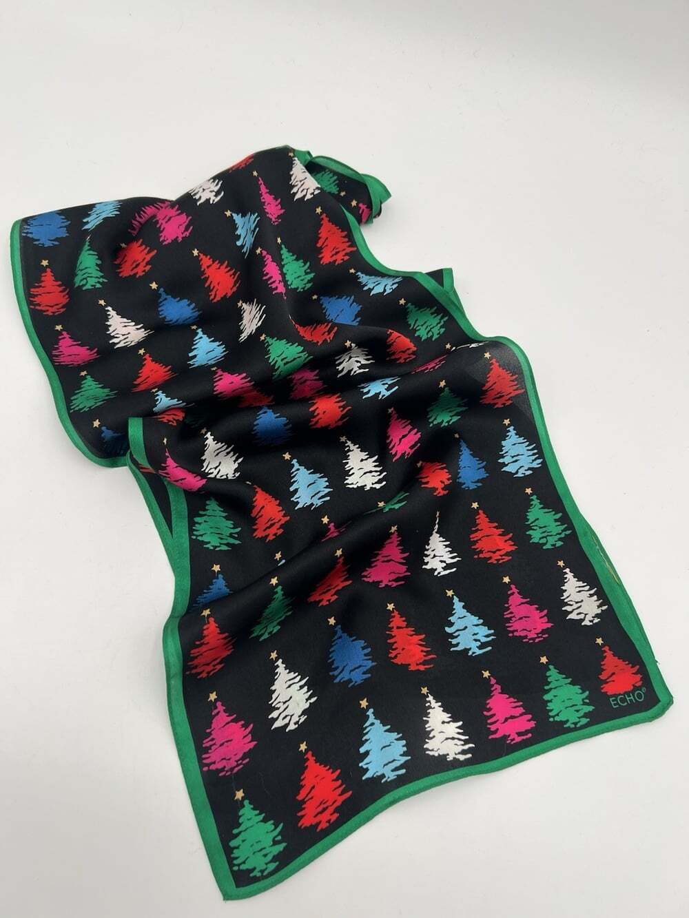 Vintage ECHO Silk Scarf Christmas Trees Black Multicolor Holiday 54 x 10.5